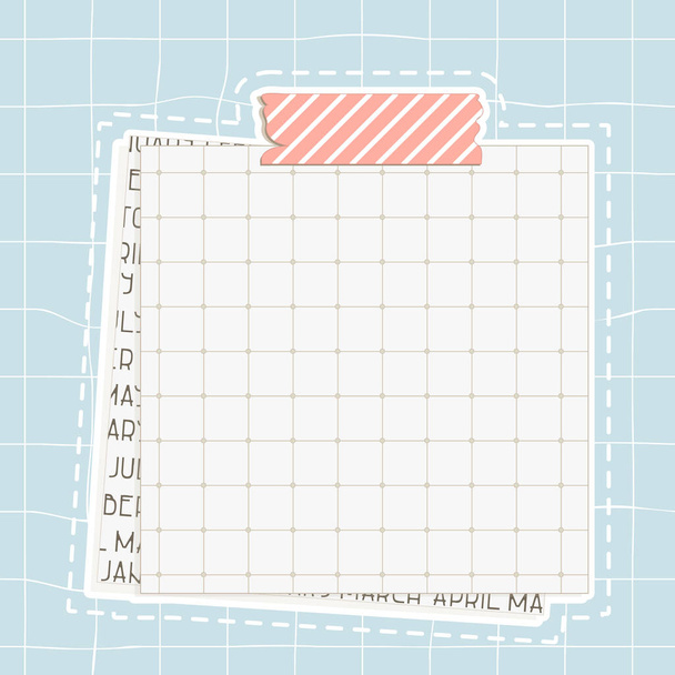 Graph quadrado papel mockup com pontos, pedaço de jornal está na parte inferior, bonito fita washi rosa com linhas está no topo - Vetor, Imagem