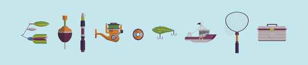 conjunto de elementos de pesca plantillas de diseño icono de dibujos animados con varios modelos. ilustración vectorial moderna aislada sobre fondo azul - Vector, Imagen