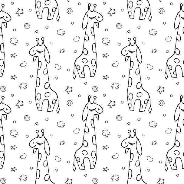Giraffe doodle vector seamless pattern. Children's illustration seamless texture. Textiles, wrapping paper, wallpaper design, packaging. Isolated objects on a white background. Monochrome. - Vektör, Görsel