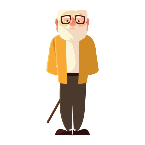 starý muž s vycházkovou holí a brýlemi, děda kreslený postava senior - Vektor, obrázek