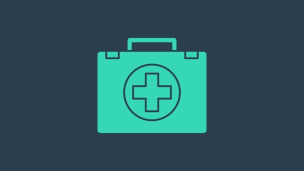 Turquoise First aid kit icon isolated on blue background. Medical box with cross. Medical equipment for emergency. Healthcare concept. 4K Video motion graphic animation - Footage, Video