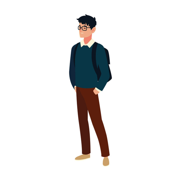student man with glasses and bag character, cartoon people student university - Vecteur, image