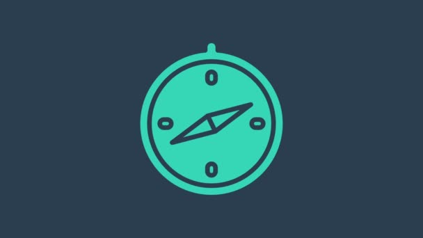 Turkusowa ikona kompasu odizolowana na niebieskim tle. Symbol nawigacji Windrose. Wiatr różany znak. 4K Animacja graficzna ruchu wideo - Materiał filmowy, wideo