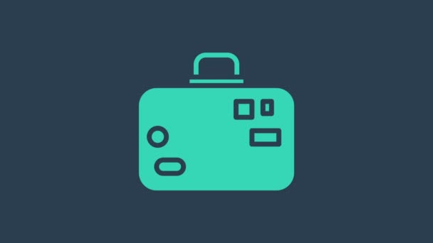 Turquoise Suitcase for travel icon isolated on blue background. Traveling baggage sign. Travel luggage icon. 4K Video motion graphic animation - Footage, Video