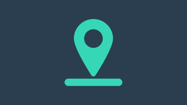Icono de pin de mapa turquesa aislado sobre fondo azul. Navegación, puntero, ubicación, mapa, GPS, dirección, lugar, brújula, concepto de búsqueda. Animación gráfica de vídeo 4K - Metraje, vídeo