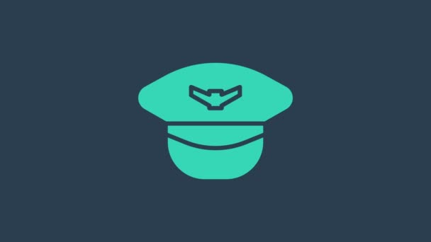 Turquoise Pilot hat icon isolated on blue background. 4K Video motion graphic animation - Footage, Video