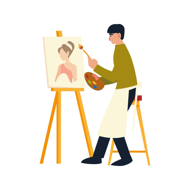 hombre sentado pinturas sobre lienzo con pinturas al óleo y pincel un modelo femenino - Vector, Imagen