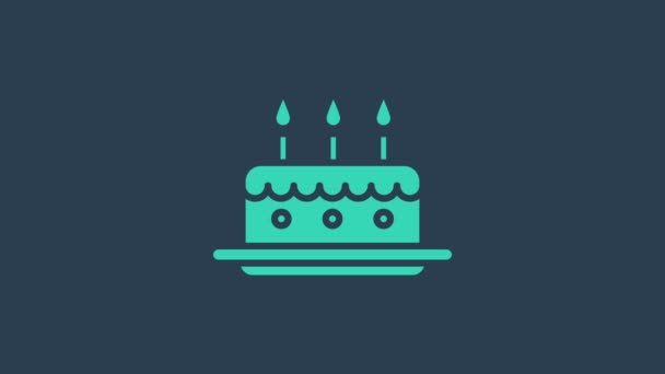 Türkiz torta égő gyertyák ikon elszigetelt kék alapon. Boldog szülinapot! 4K Videó mozgás grafikus animáció - Felvétel, videó