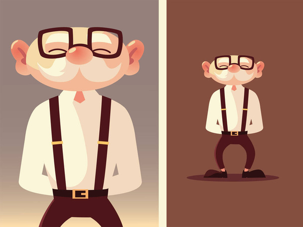 bonito velho homem sênior cartoon com óculos e suspensórios - Vetor, Imagem