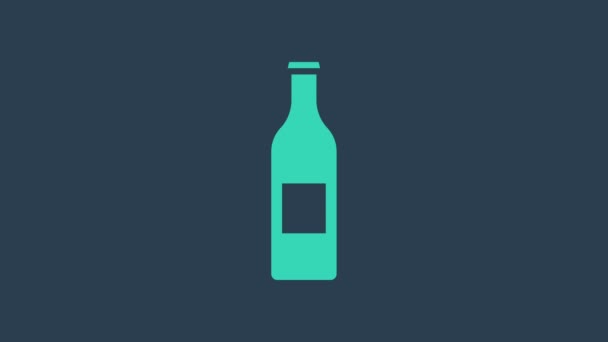 Turkoois Bier fles pictogram geïsoleerd op blauwe achtergrond. 4K Video motion grafische animatie - Video