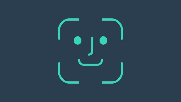Tyrkysová ikona rozpoznávání obličejů izolovaná na modrém pozadí. Ikona identifikačního skeneru. Identifikátor obličeje. Koncept kybernetické bezpečnosti. Grafická animace pohybu videa 4K - Záběry, video