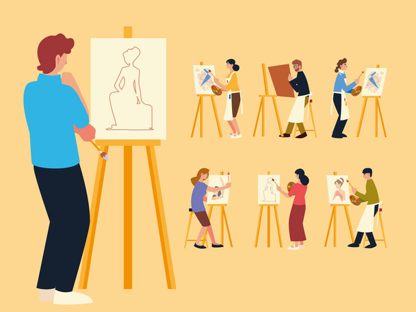 paint class, set of people painting, drawing and making artworks - Vector, Image