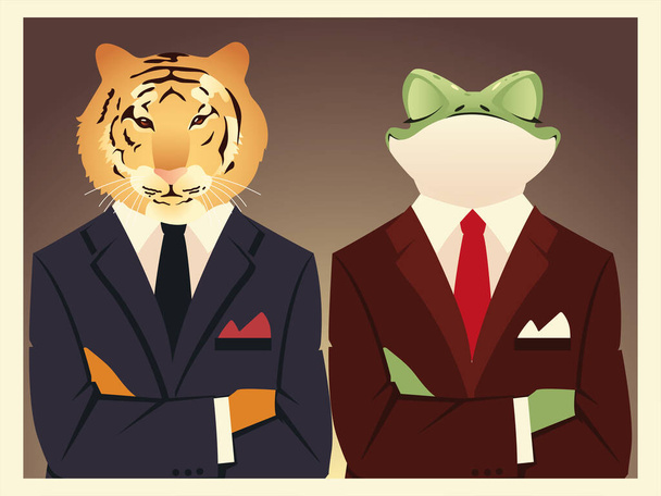 people art animals, lion and frog with suits portrait fashion clothes - Vector, Image