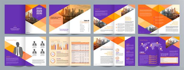 Şirket iş tanıtım rehberi broşürü, yıllık rapor, 16 sayfa minimalist düz geometrik iş broşürü tasarım şürü, A4 boyut. - Vektör, Görsel