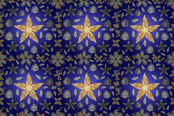 seamless shadows pattern with doodles elements. Raster colorful illustartion with golden petals star flower. Pano illustration. Row pattern. - Photo, Image