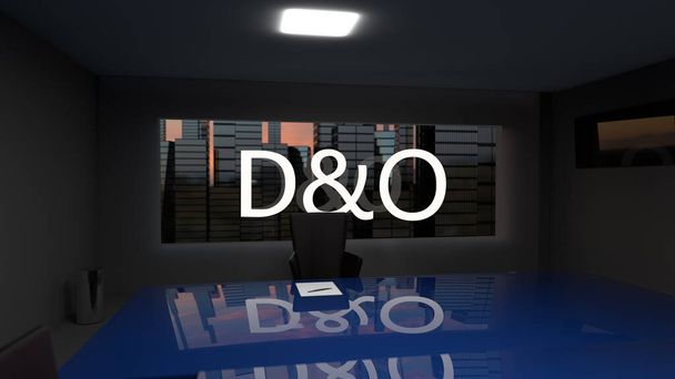 D y O. Responsabilidad de directores y funcionarios Concepto de seguro. Oficina de directores con una gran mesa y rascacielos fuera de la ventana. renderizado 3d - Foto, Imagen
