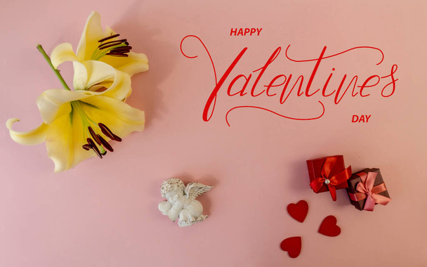 Happy Valentine's day! Card, online banner, greeting card, Flat lay on Valentine's Day, on a pink background - Photo, image