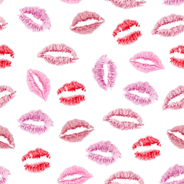 Background of red and pink kisses lipstick on a white background. World kissing day. Valentins day. Kiss seamless pattern. Hand drawing. Illustration. - ベクター画像