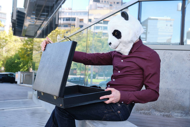 Mannelijke overvaller met een panda hoofdmasker hebben gestolen een aktetas en opent het, maar het is leeg. Bizarre dief. - Foto, afbeelding