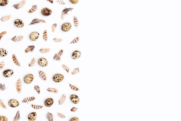 Boarder made with quail eggs and bird feathers on a white background. Top view Flat lay Copy space. - Foto, immagini