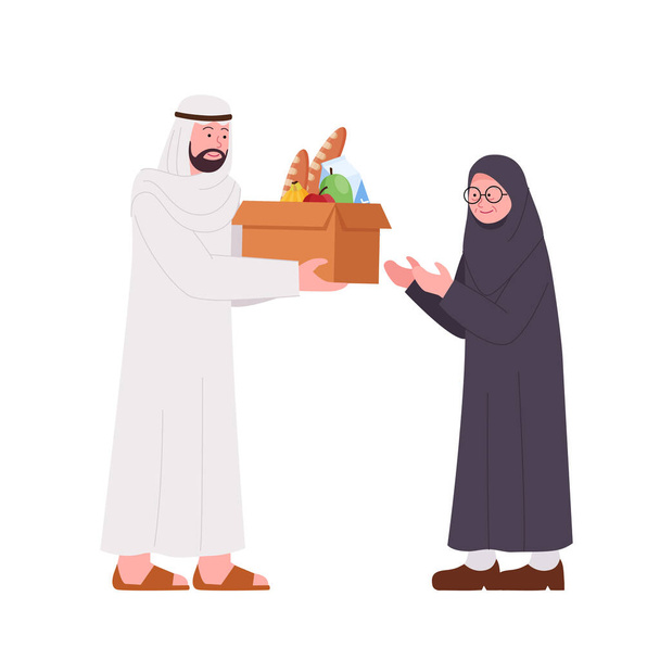 Arabian Man Giving Donation Box Food for Old Woman Ilustración - Vector, imagen