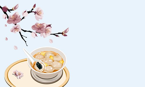 もち米の玉のセットや中にゴマと元湯、ピンク桃の花の装飾が施されたボウルやスプーンで中国のデザート、手描きの現実的なベクトルイラスト.  - ベクター画像