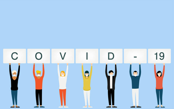 Multinationale mensen met een bord met de naam COVID-19 - Vector, afbeelding