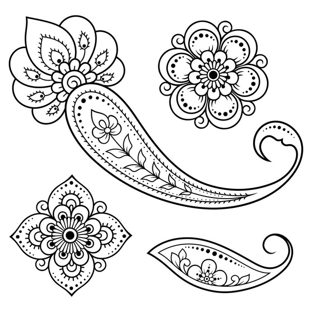 Set of Mehndi flower pattern and mandala for Henna drawing and tattoo. Decoration in ethnic oriental, Indian style. Doodle ornament. Outline hand draw vector illustration. - Vetor, Imagem