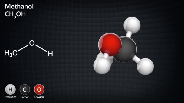 Метанол, также известный как метилспирт, является химикатом с формулой CH3OH (часто сокращенно MeOH) 3D рендеринга. Бесшовный цикл. Модель химической структуры мяча и палки. - Кадры, видео