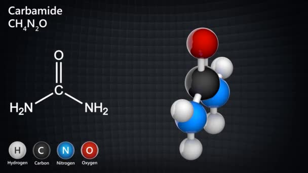 Mocznik, znany również jako karbamid, jest związkiem organicznym o wzorze chemicznym CH4N2O. Renderowanie 3D. Płynna pętla. Model struktury chemicznej Ball and Stick. - Materiał filmowy, wideo