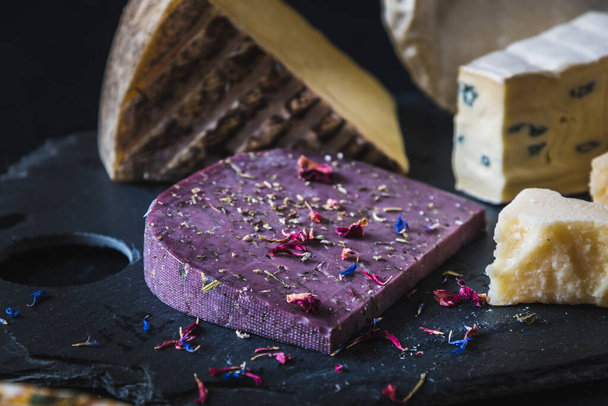 Vaihtelu eri juustoja pöydältä, keskittyä violetti laventeli juusto kukkia ja yrttejä - Valokuva, kuva