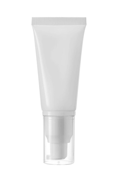 witte plastic tube witte druppelaar en heldere dop voor medicijnen of cosmetica crème, gel, huidverzorging, tandpasta. verpakking mockup geïsoleerd op witte achtergrond - Foto, afbeelding