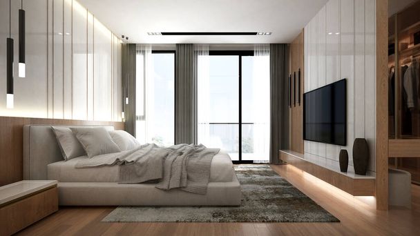 Moderni makuuhuone ja tv seinärakenne tausta sisustus / 3D renderöinti - Valokuva, kuva