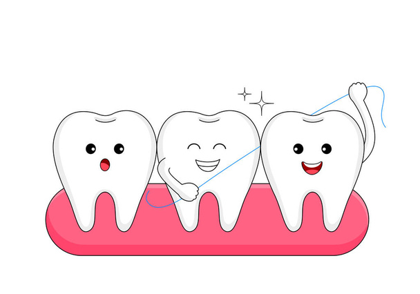Roztomilý kreslený zub postava se zubní nití. Koncept péče o zuby. Části lidského těla, vektorová ilustrace. - Vektor, obrázek