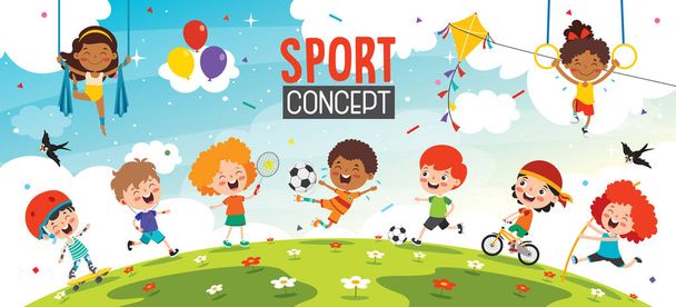 Αθλητισμός Concept Design με αστεία παιδιά - Διάνυσμα, εικόνα
