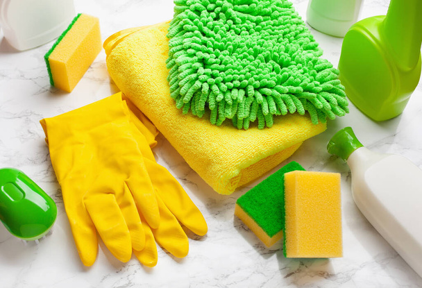 cleaning products household chemicals spray brush sponge glove - Photo, Image