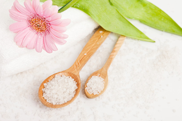 Spa essentials (bath salt in a spoon and flower) - Photo, Image