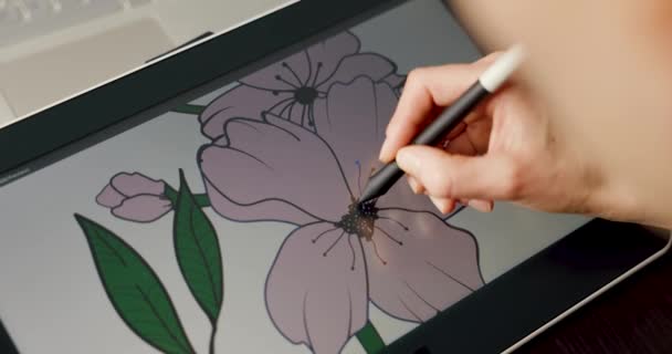 εικονογράφος γραφίστας σχεδιαστής κλήρωση εικονογράφηση λουλουδιών σε ψηφιακό δισκίο σχέδιο - Πλάνα, βίντεο