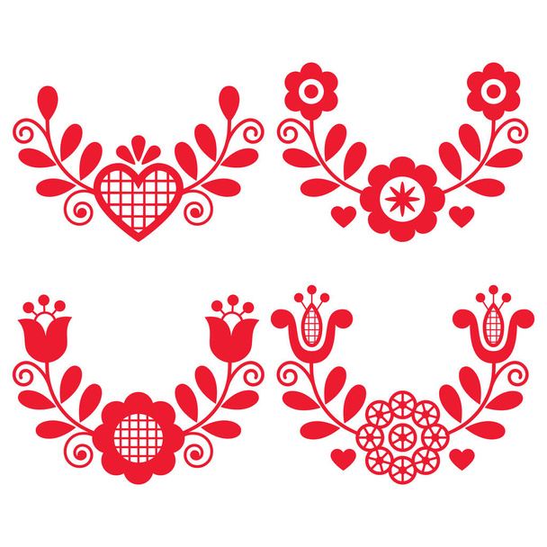 Polish folk art vector wreath design collection with flowers and hearts - perfect for greeting card or wedding invitation - Vektör, Görsel
