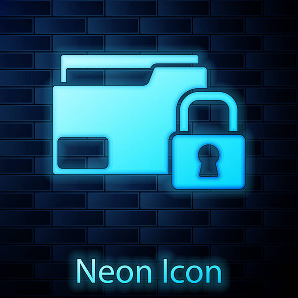 Glowing neon Folder and lock icon isolated on brick wall background. Closed folder and padlock. Security, safety, protection concept.  Vector. - Vector, Image