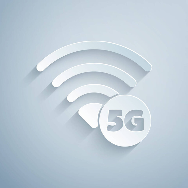 Corte de papel 5G nuevo icono de conexión wifi inalámbrica a Internet aislado sobre fondo gris. Red global de alta velocidad de conexión tecnología de velocidad de datos. Estilo de arte de papel. Vector. - Vector, imagen