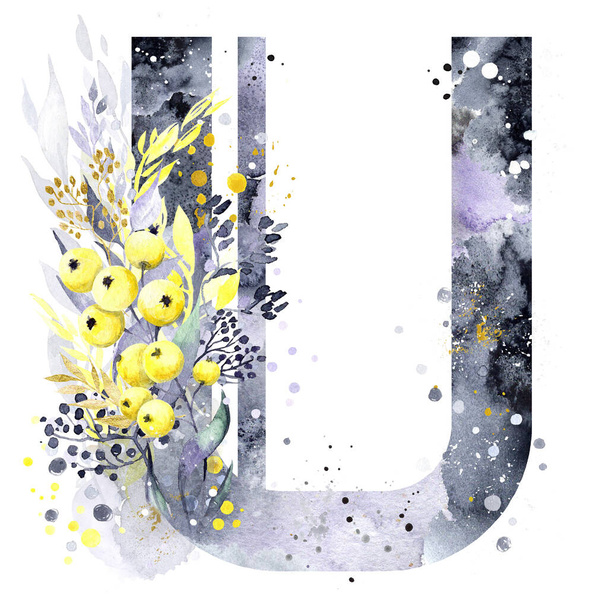 Watercolor Letter U Shadows and sunlights. Colors of the Year 2021 Ultimate Gray and  Illuminating Yellow. Yellow apples, grey blots and golden/white/yellow splashes.  Monogram U. - Foto, Imagen