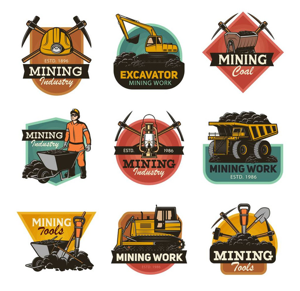 炭鉱業界の孤立したベクトルアイコンは、鉱山機械や鉱山機械ツールを設定します。金属鉱石、石炭、掘削機や掘削機やブルドーザー、ジャックハンマーとピック斧、ホイールバローとハード帽子の男 - ベクター画像