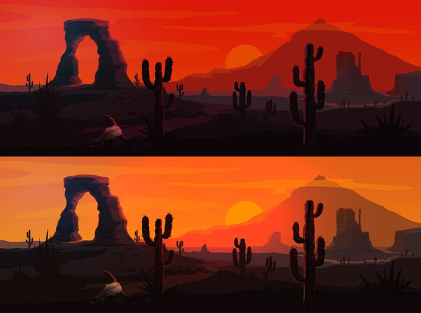 США пустынных ландшафтных векторных фонов с Аризоной или западной природой. Мексиканские кактусы сагуаро и горы Дикого Запада, закатные и восходящие солнца, скальные и песчаные дороги, черепа быков, красное небо и облака - Вектор,изображение