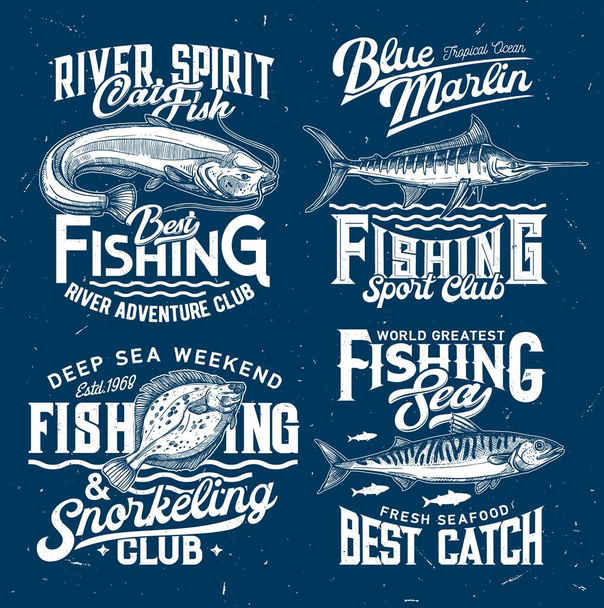 Ikony klubu wędkarskiego, sportowe szablony druku t-shirt, ryby i fale wody morskiej, wektorowe niebieskie makiety. Nurkowanie na oceanie i znaki rybackie z marlina, storni, makreli i sumów do druku koszuli - Wektor, obraz