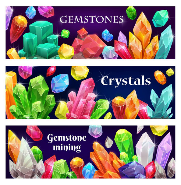 Precious crystals and gems, jewelry banners. Rare gemstones, geologic minerals crystals and shiny gem stones vector. Gemstones for jewelery mining, minerals treasure and magic stones - Vector, Image