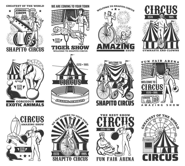 Большой шатер цирковых представлений с гравировкой векторной иконки. Укротитель тигров и заклинатель змей, фокусник, клоун, силач и одноколесник, акробат с воздушным обручем и канатоходец. Цирк Шапито - Вектор,изображение
