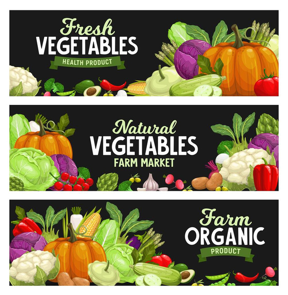 Овочеві банери, фермерський ринок продуктів харчування овочі, векторний органічний урожай. Натуральний здоровий часник, перець і гарбуз, цвітна капуста і вегетаріанський артишок, картопля і перець, капуста броколі і кабачки
 - Вектор, зображення