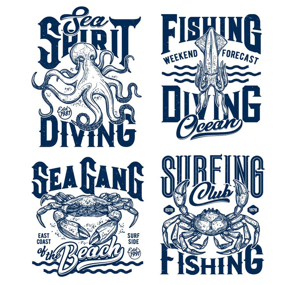 Εκτυπώσεις μπλουζών με υποβρύχια ζώα διανυσματικό σκίτσο καλαμάρι, καβούρι και χταπόδι. Μασκότ καταδύσεων ή κλαμπ αλιείας, πλάσματα του ωκεανού και μπλε grunge τυπογραφία σε λευκό φόντο, t σύνολο εμβλήματα πουκάμισο - Διάνυσμα, εικόνα
