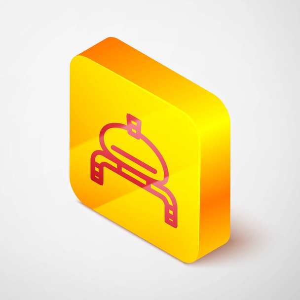 Isometric line Bread and salt on towel icon isolated on grey background. National food loaf. Traditional ukrainian wedding bread. Yellow square button. Vector. - Vector, Image